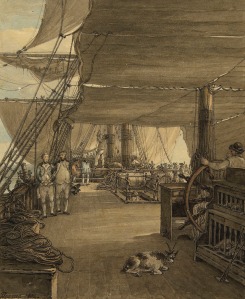 Scene de pont montrant poulailler barreur et capitaine vers 1775